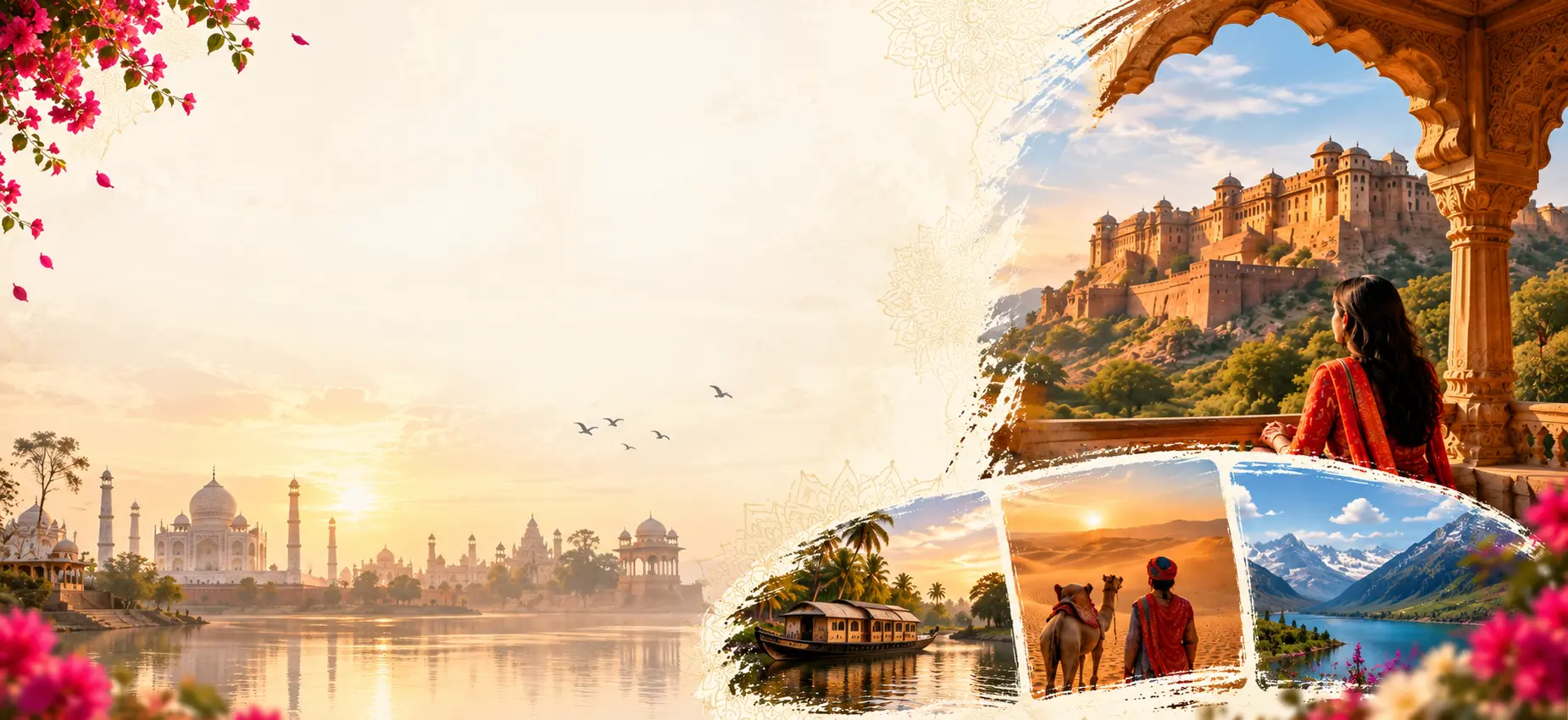 A traveller looking out over Amber Fort, with the Taj Mahal, a Kerala houseboat, the Thar desert and the Himalayas