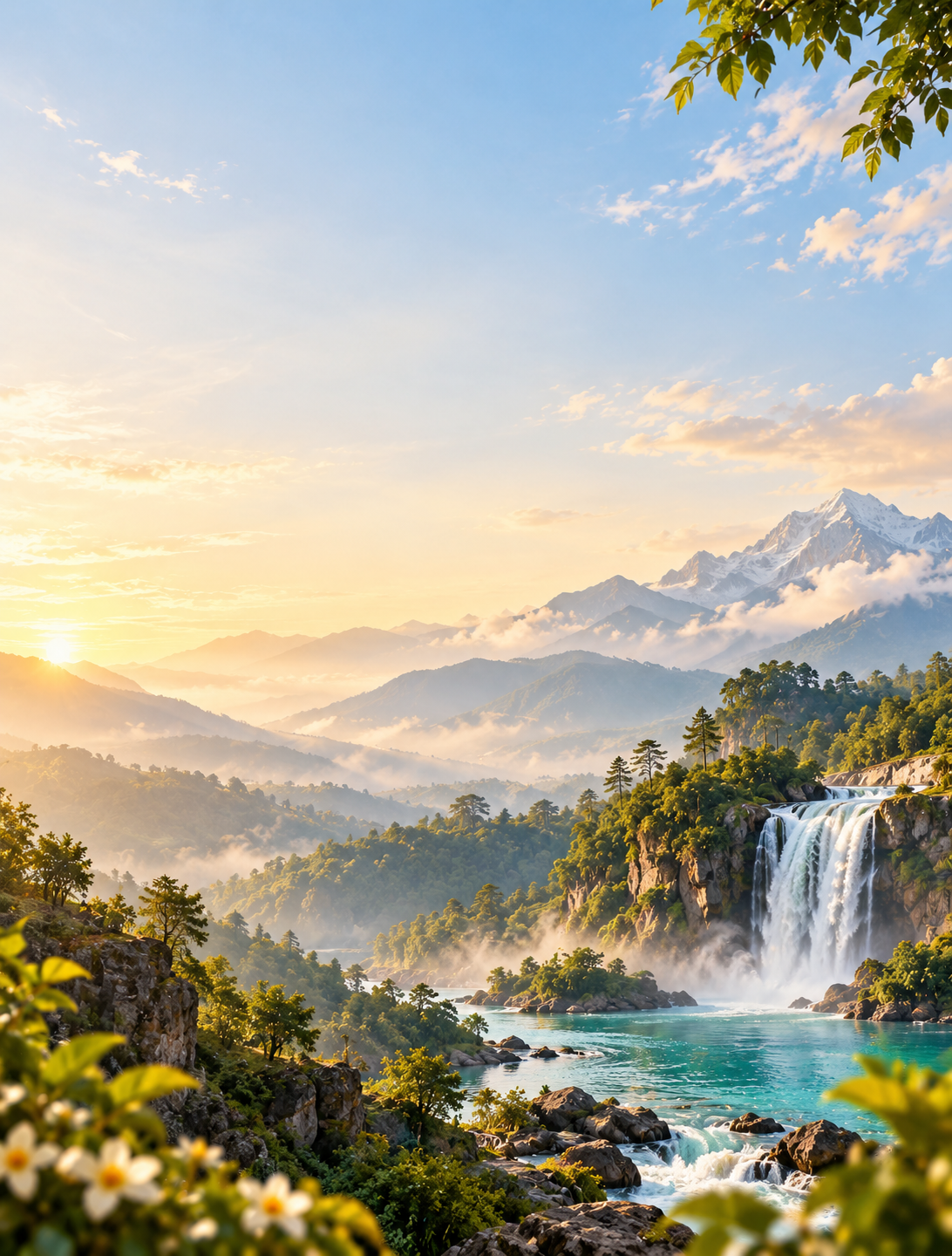 Sunrise over the Himalayas, with a waterfall feeding a turquoise river